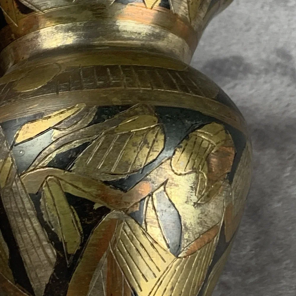 Vintage Mixed Metal Small Vase Egyptian‎ Style Copper Brass 4 Inches Tall Patina